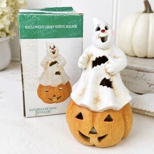 Vintage International Bazaar Halloween Ghost Pumpkin Votive Candle Holder 7"